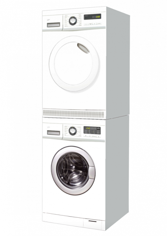 Due oggetti di cartone in 3D; Uno con una stampa fotorealistica di una lavatrice ed un altro con una stampa fotorealistica di un'asciugatrice - Cubiqz