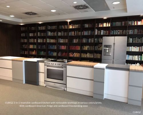 Piani di lavoro rimovibili per la cucina in cartone 2-in-1- reversibile. Disponibili nei colori pietra grigia, marmo bianco, legno